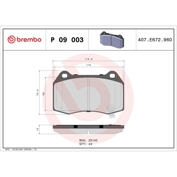 Bromsbeläggsats, Bakaxel Brembo P 09 003 BREMBO