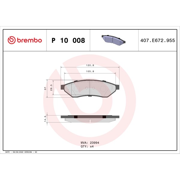Bromsbeläggsats, Bakaxel Brembo P 10 008 BREMBO