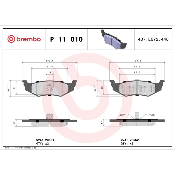 Bromsbeläggsats, Bakaxel Brembo P 11 010 BREMBO