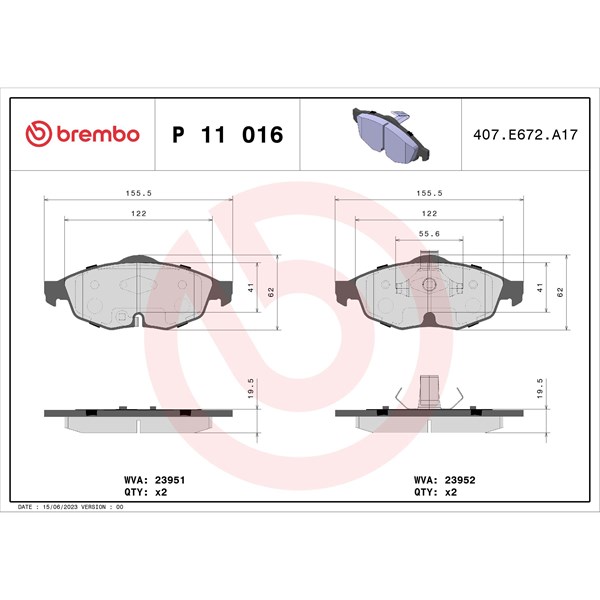 Bromsbeläggsats, Framaxel Brembo P 11 016 BREMBO