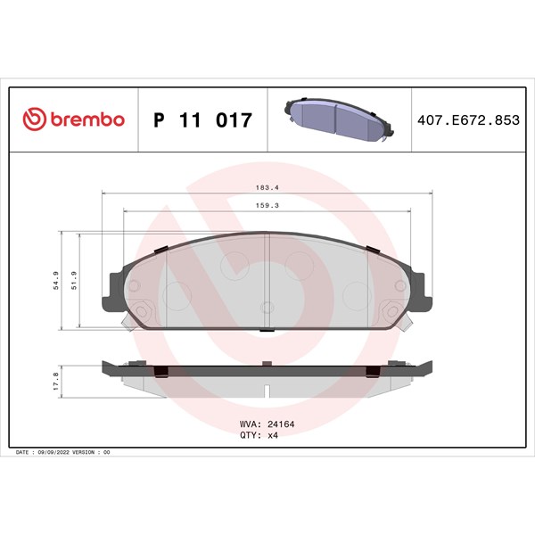 Bromsbeläggsats Hålad, Framaxel Brembo P 11 017 BREMBO