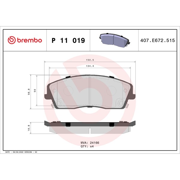 Bromsbeläggsats Ventilerad, Framaxel Brembo P 11 019 BREMBO