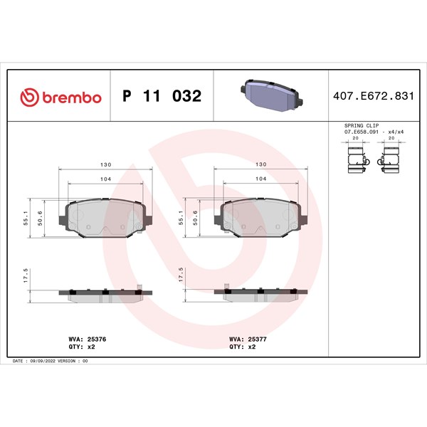 Bromsbeläggsats, Bakaxel Brembo P 11 032 BREMBO