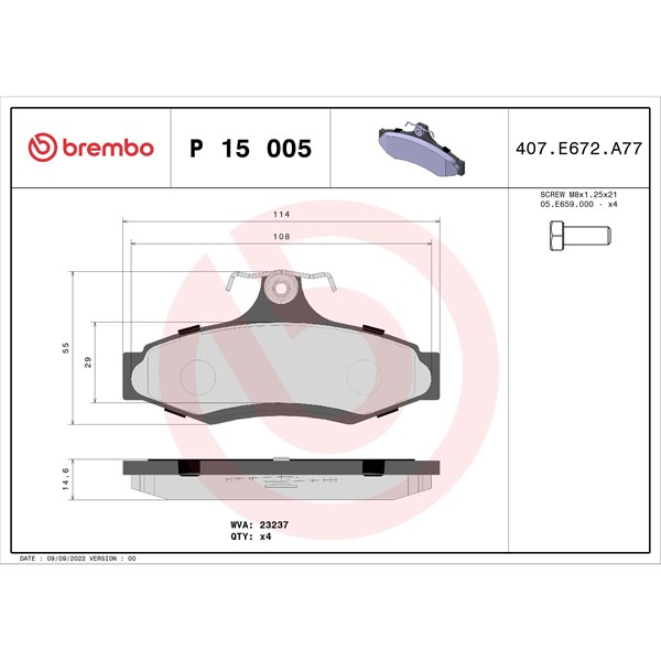 Bromsbeläggsats, Bakaxel Brembo P 15 005 BREMBO