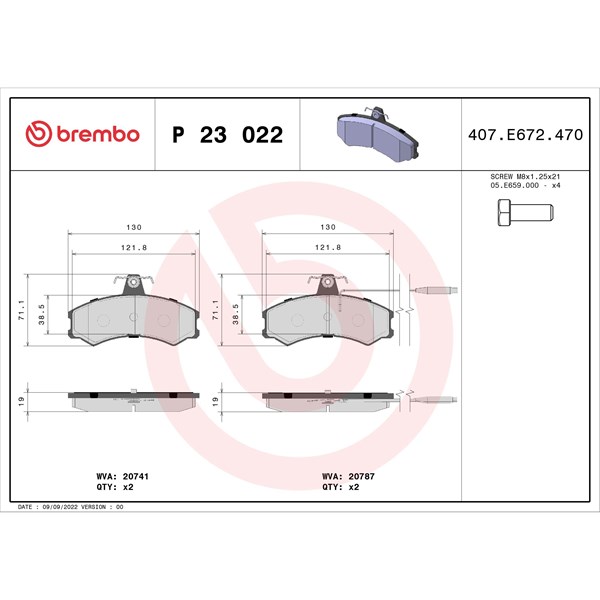 Bromsbeläggsats, Framaxel Brembo P 23 022 BREMBO