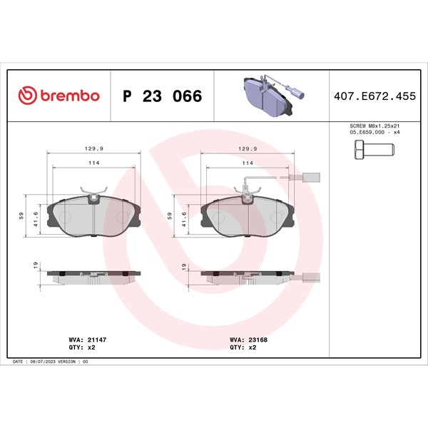 Bromsbeläggsats, Framaxel Brembo P 23 066 BREMBO