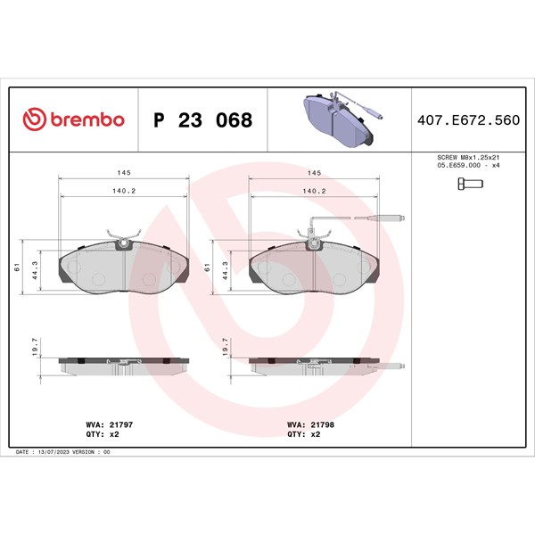 Bromsbeläggsats, Framaxel Brembo P 23 068 BREMBO