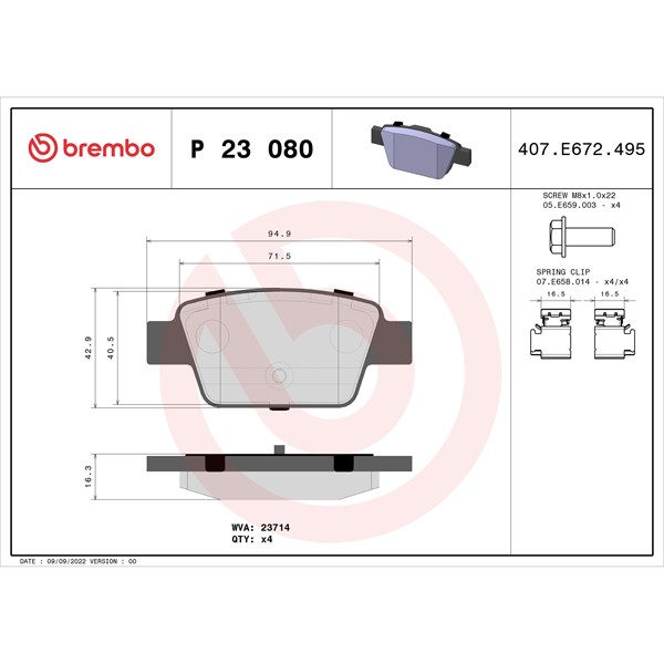 Bromsbeläggsats, Bakaxel Brembo P 23 080 BREMBO