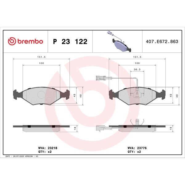 Bromsbeläggsats, Framaxel Brembo P 23 122 BREMBO