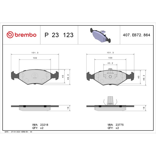 Bromsbeläggsats, Framaxel Brembo P 23 123 BREMBO