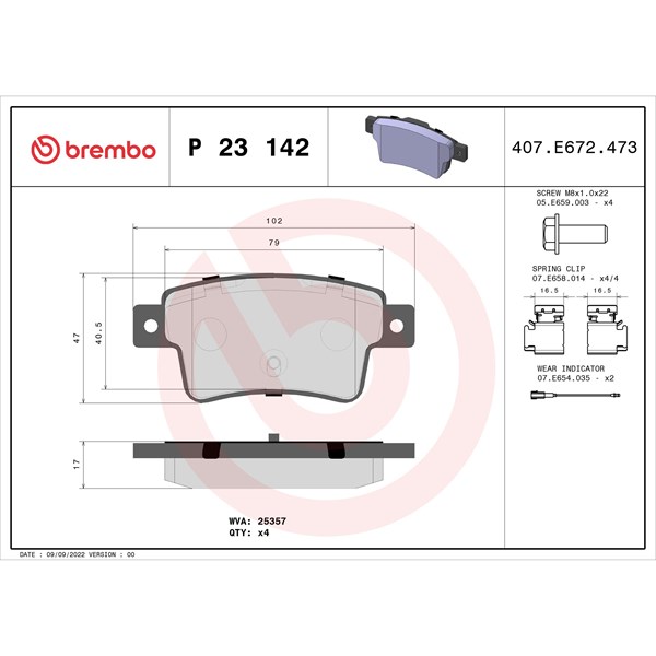 Bromsbeläggsats, Bakaxel Brembo P 23 142 BREMBO