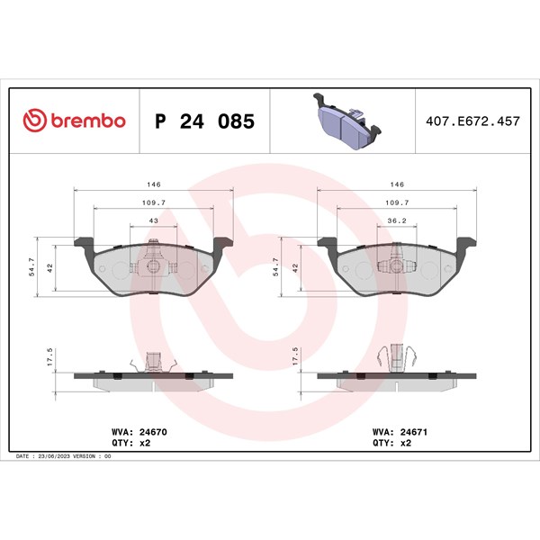 Bromsbeläggsats, Bakaxel Brembo P 24 085 BREMBO
