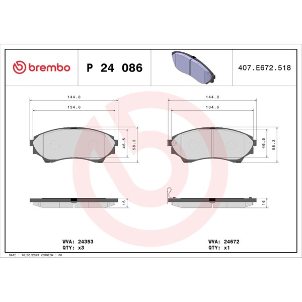 Bromsbeläggsats, Framaxel Brembo P 24 086 BREMBO