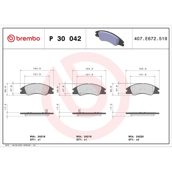Bromsbeläggsats, Framaxel Brembo P 30 042 BREMBO