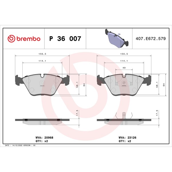 Bromsbeläggsats, Framaxel Brembo P 36 007 BREMBO