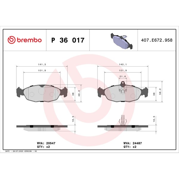 Bromsbeläggsats, Bakaxel Brembo P 36 017 BREMBO