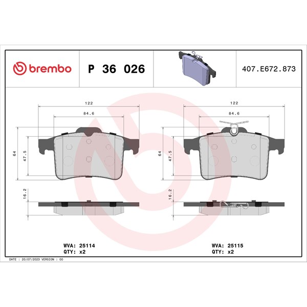 Bromsbeläggsats, Bakaxel Brembo P 36 026 BREMBO