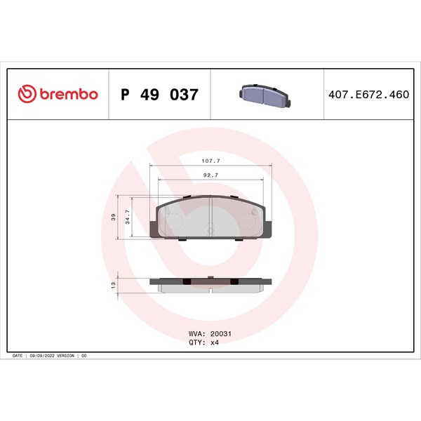 Bromsbeläggsats, Bakaxel Brembo P 49 037 BREMBO