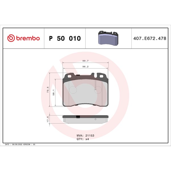 Bromsbeläggsats, Framaxel Brembo P 50 010 BREMBO