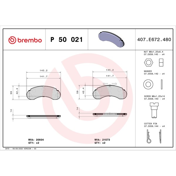 Bromsbeläggsats, Framaxel Brembo P 50 021 BREMBO