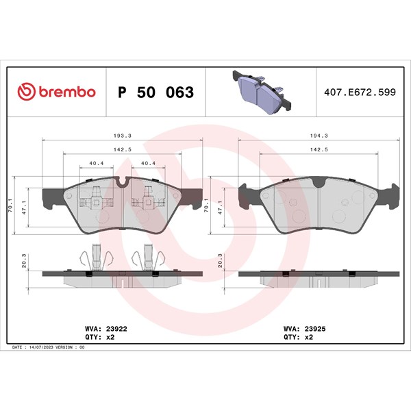 Bromsbeläggsats, Framaxel Brembo P 50 063 BREMBO