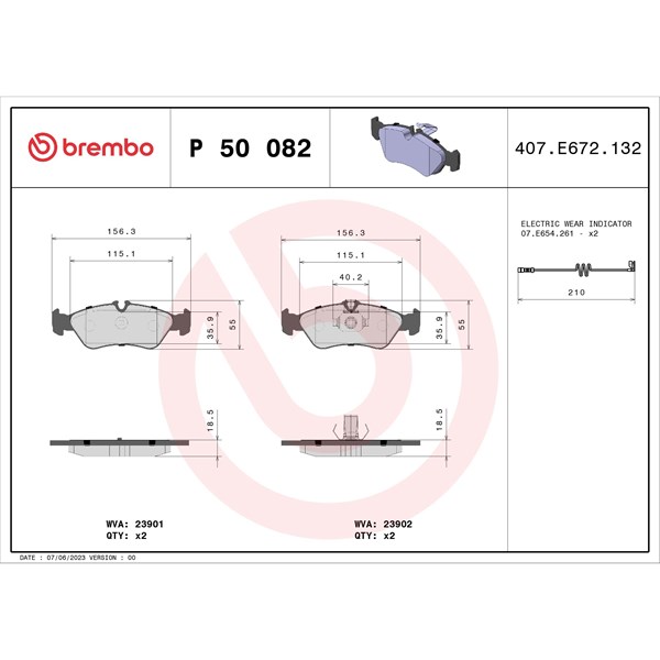 Bromsbeläggsats, Bakaxel Brembo P 50 082 BREMBO