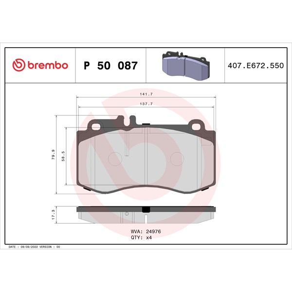 Bromsbeläggsats, Framaxel Brembo P 50 087 BREMBO