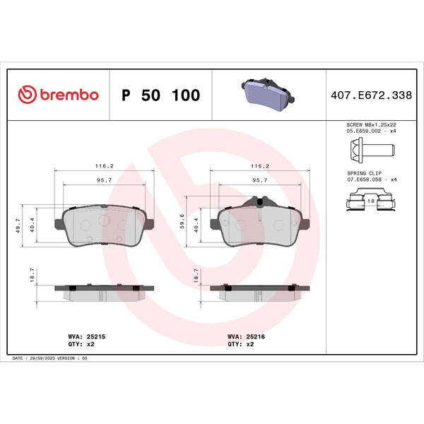 Bromsbeläggsats, Bakaxel Brembo P 50 100 BREMBO