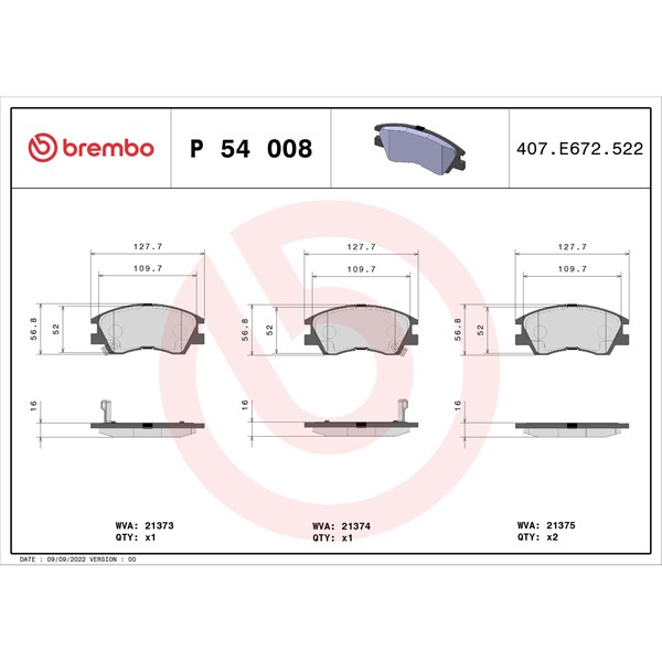 Bromsbeläggsats, Framaxel Brembo P 54 008 BREMBO