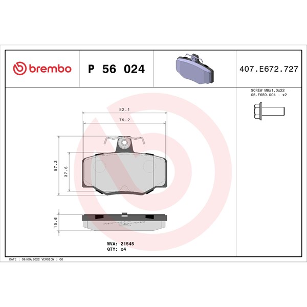 Bromsbeläggsats, Bakaxel Brembo P 56 024 BREMBO