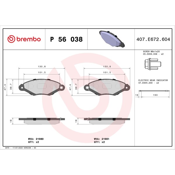 Bromsbeläggsats, Framaxel Brembo P 56 038 BREMBO