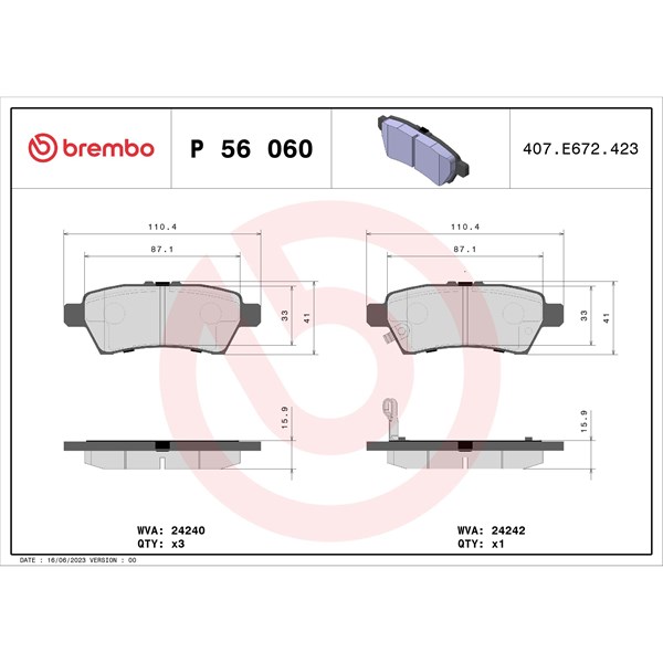 Bromsbeläggsats, Bakaxel Brembo P 56 060 BREMBO