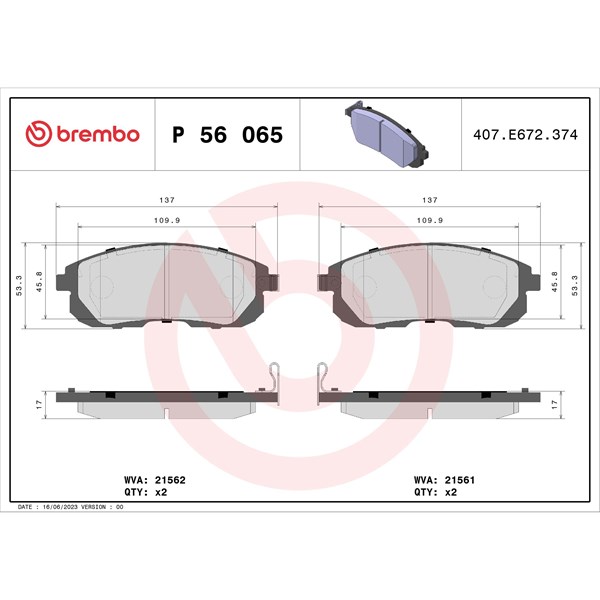 Bromsbeläggsats, Framaxel Brembo P 56 065 BREMBO