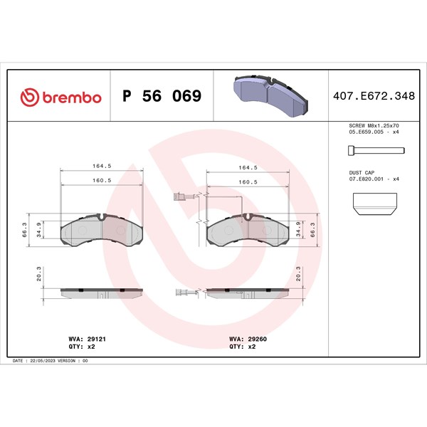 Bromsbeläggsats, Bakaxel Brembo P 56 069 BREMBO