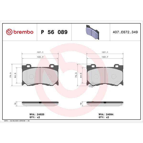 Bromsbeläggsats, Framaxel Brembo P 56 089 BREMBO