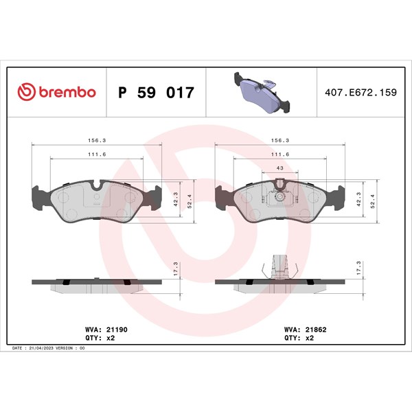 Bromsbeläggsats, Framaxel Brembo P 59 017 BREMBO