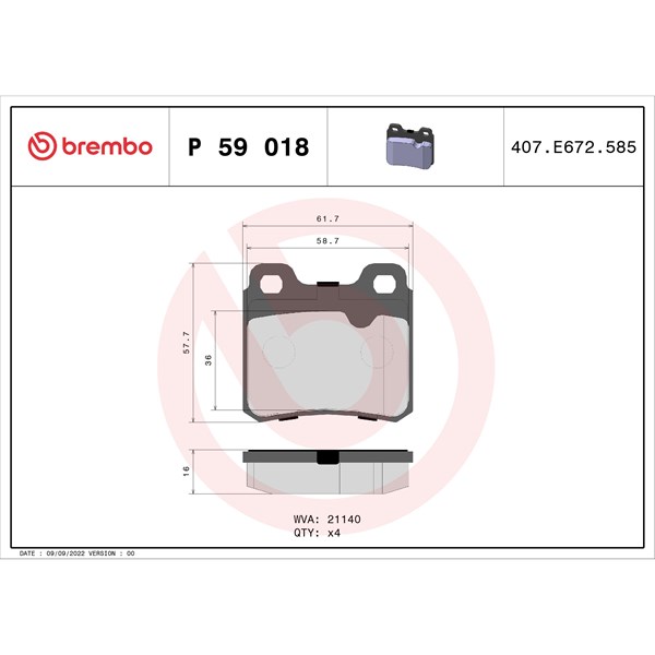 Bromsbeläggsats, Bakaxel Brembo P 59 018 BREMBO