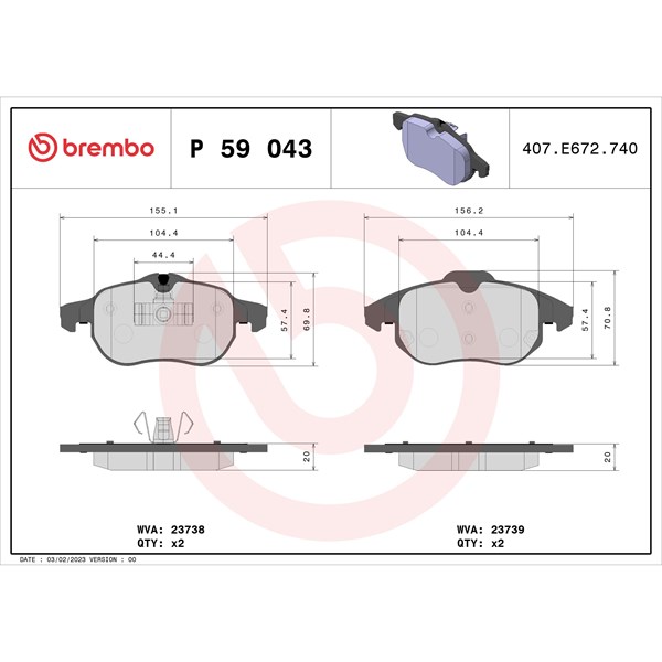 Bromsbeläggsats, Framaxel Brembo P 59 043 BREMBO
