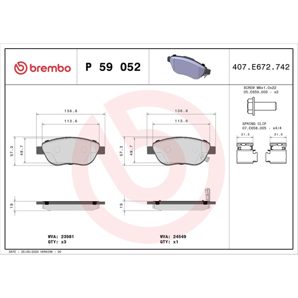 Bromsbeläggsats, Framaxel Brembo P 59 052 BREMBO