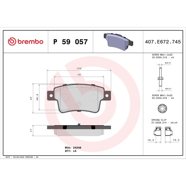 Bromsbeläggsats, Bakaxel Brembo P 59 057 BREMBO