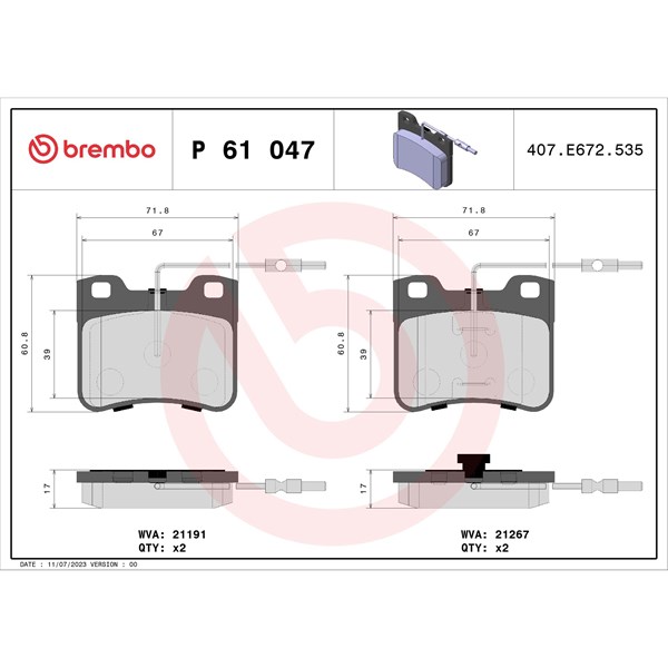 Bromsbeläggsats, Framaxel Brembo P 61 047 BREMBO