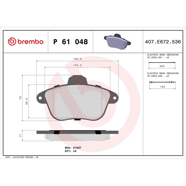 Bromsbeläggsats, Framaxel Brembo P 61 048 BREMBO