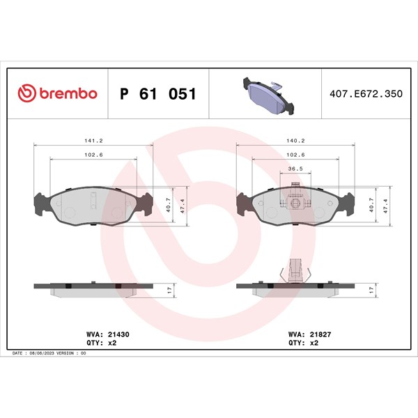 Bromsbeläggsats Ventilerad, Framaxel Brembo P 61 051 BREMBO