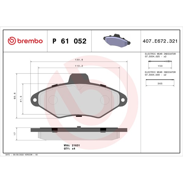 Bromsbeläggsats, Framaxel Brembo P 61 052 BREMBO