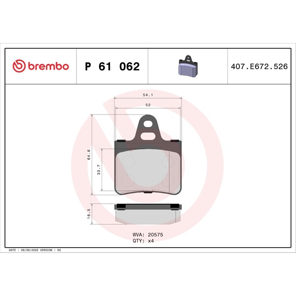Bromsbeläggsats, Bakaxel Brembo P 61 062 BREMBO