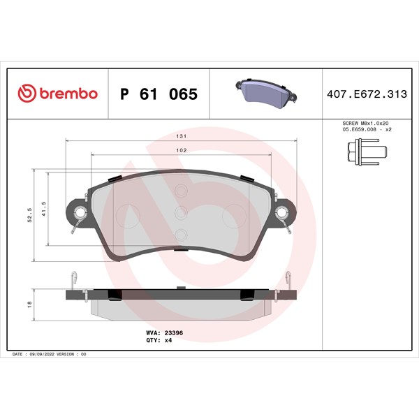 Bromsbeläggsats, Framaxel Brembo P 61 065 BREMBO