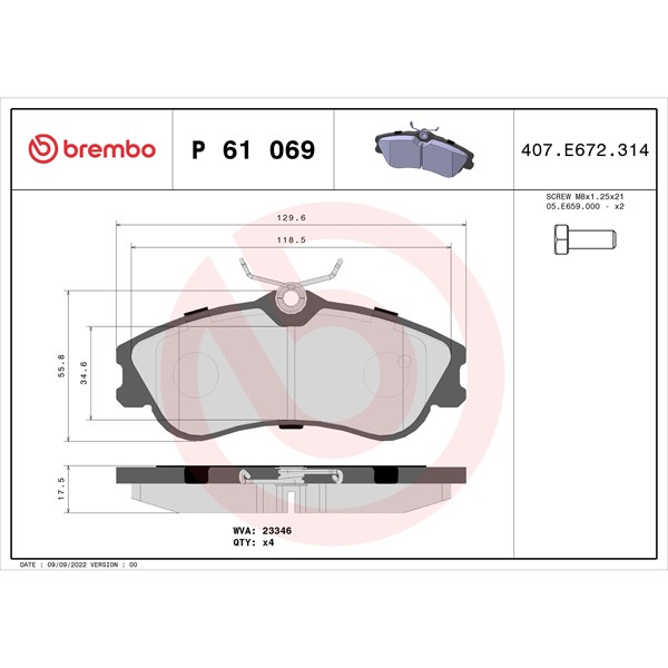 Bromsbeläggsats Ventilerad, Framaxel Brembo P 61 069 BREMBO
