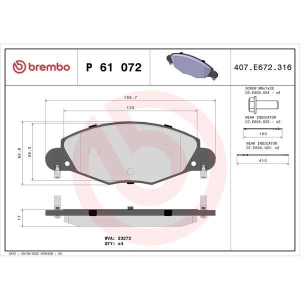 Bromsbeläggsats, Framaxel Brembo P 61 072 BREMBO