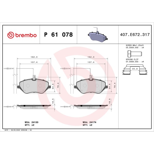 Bromsbeläggsats, Framaxel Brembo P 61 078 BREMBO