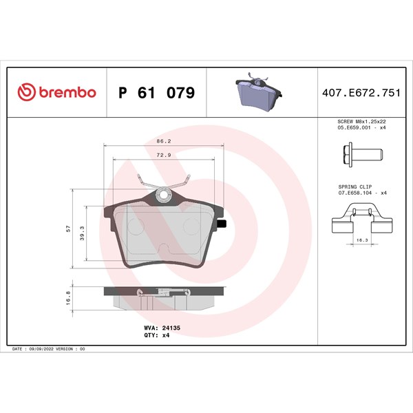 Bromsbeläggsats, Bakaxel Brembo P 61 079 BREMBO